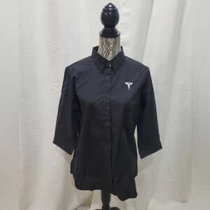 Tesla Women's button down dress shirt tapered Med 3/4 sleeve Black Sz Large